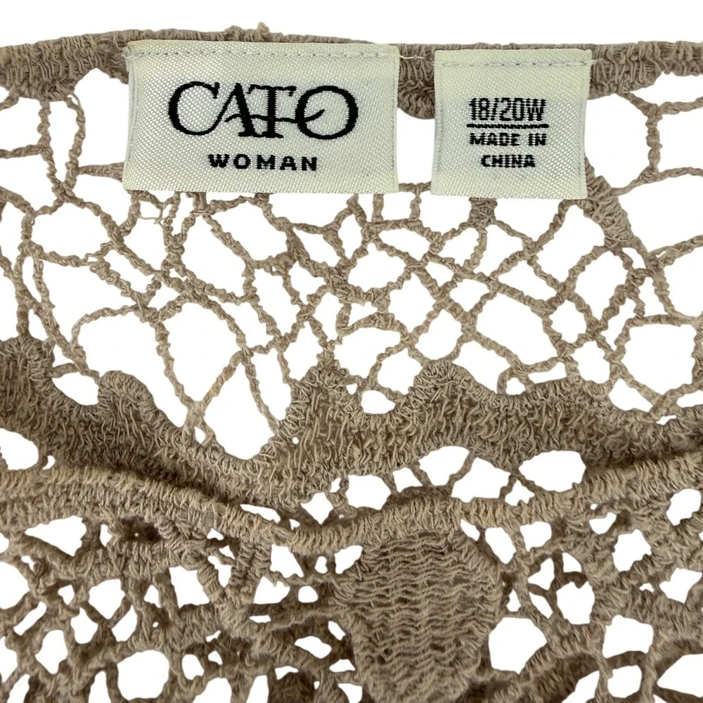 Cato Crochet Knit Shawl Scarf Oatmeal Beige Fringe Coastal Grandmother Boho Chic